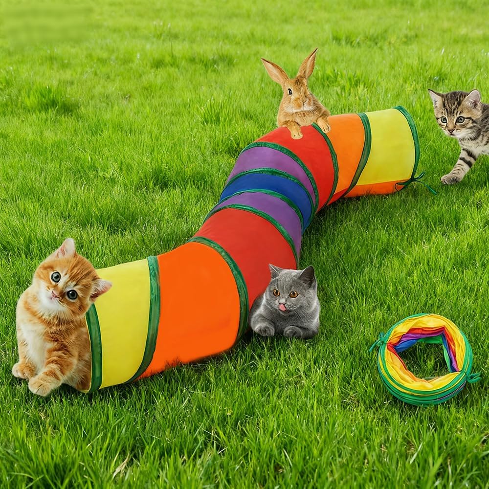 T-shaped cat play maze with steel frame and crinkle lining