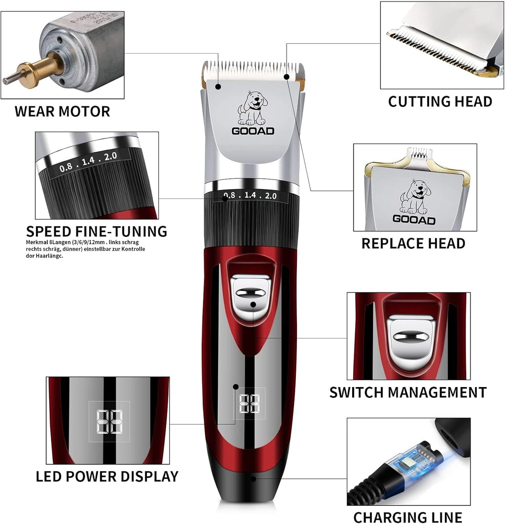 Cordless pet grooming kit accessories including guide combs, cleaning brush, and charging cable.