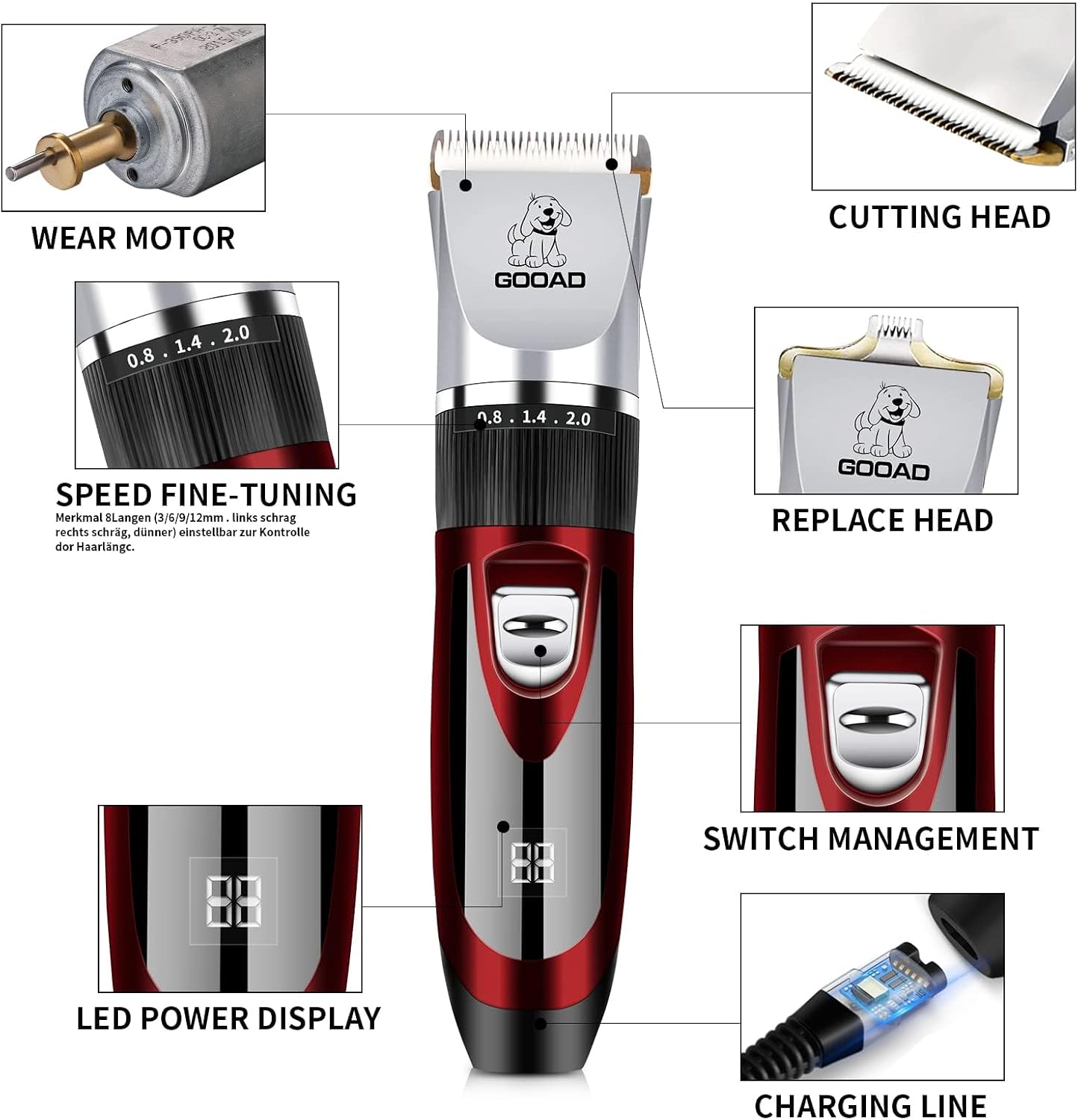 Cordless pet grooming kit accessories including guide combs, cleaning brush, and charging cable.