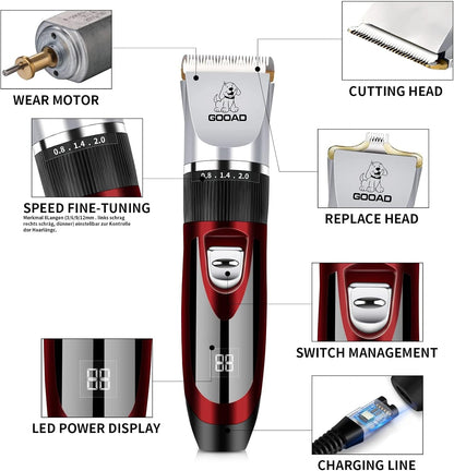 Cordless pet grooming kit accessories including guide combs, cleaning brush, and charging cable.