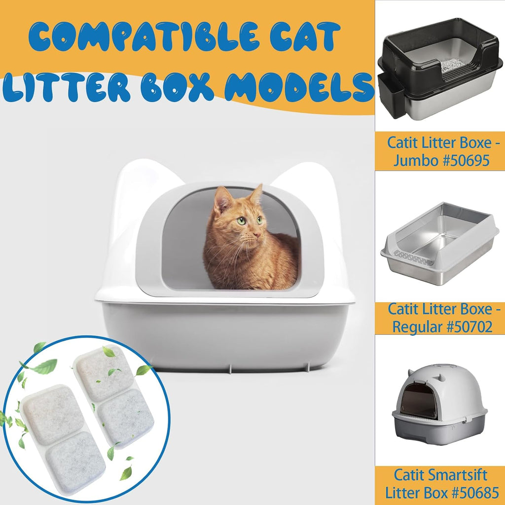 Pet safe odor neutralizing air purifier inserts being placed into a hooded cat litter pan.
