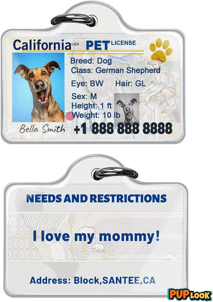 Custom novelty state driver license dog tag attached to a pet collar.