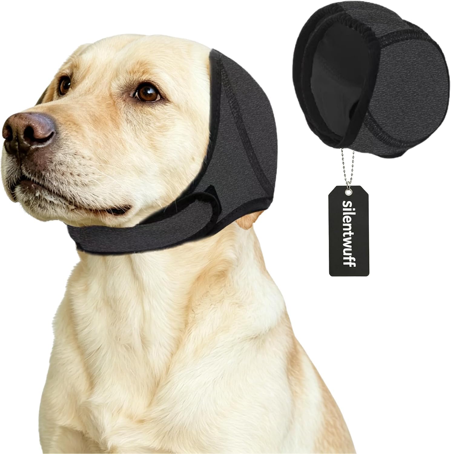 Qpets Silentwuff noise cancelling dog ear muffs front view on a medium dog