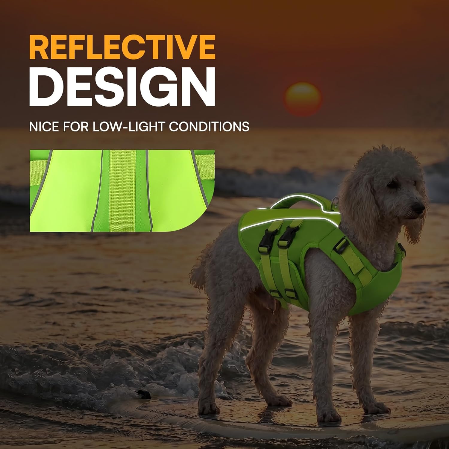 Green adjustable reflective dog swimming vest laid flat showing belly panels
