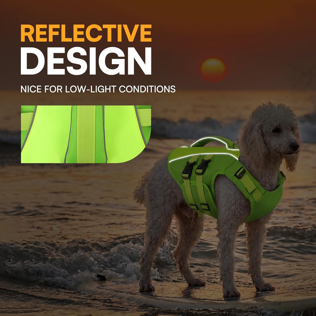 Green adjustable reflective dog swimming vest laid flat showing belly panels