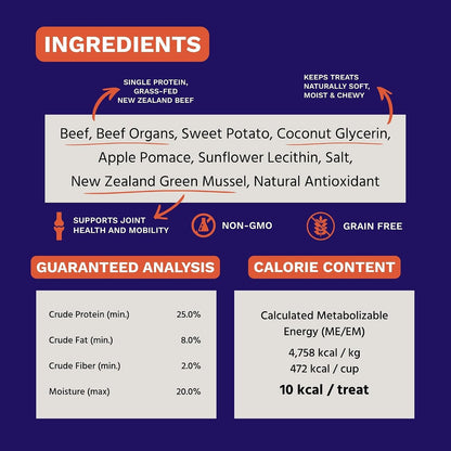 High protein guilt free dog treats made with eighty nine percent real meat