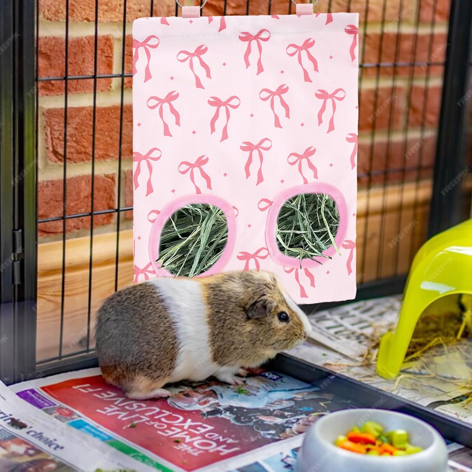 JarThenaAMCS 2Pcs Rabbit Hay Feeder Bag with 2 Holes Pink Bow Guinea Pig Hanging Hay Feeding Bag Storage Dispenser for Chinchilla Hamster Bunny Small Animal Pet - Image 5