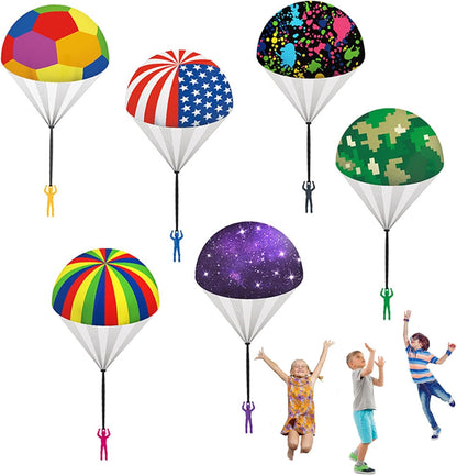 Utosday hand throw parachute soldier toys front view showing six colorful patterned canopies.