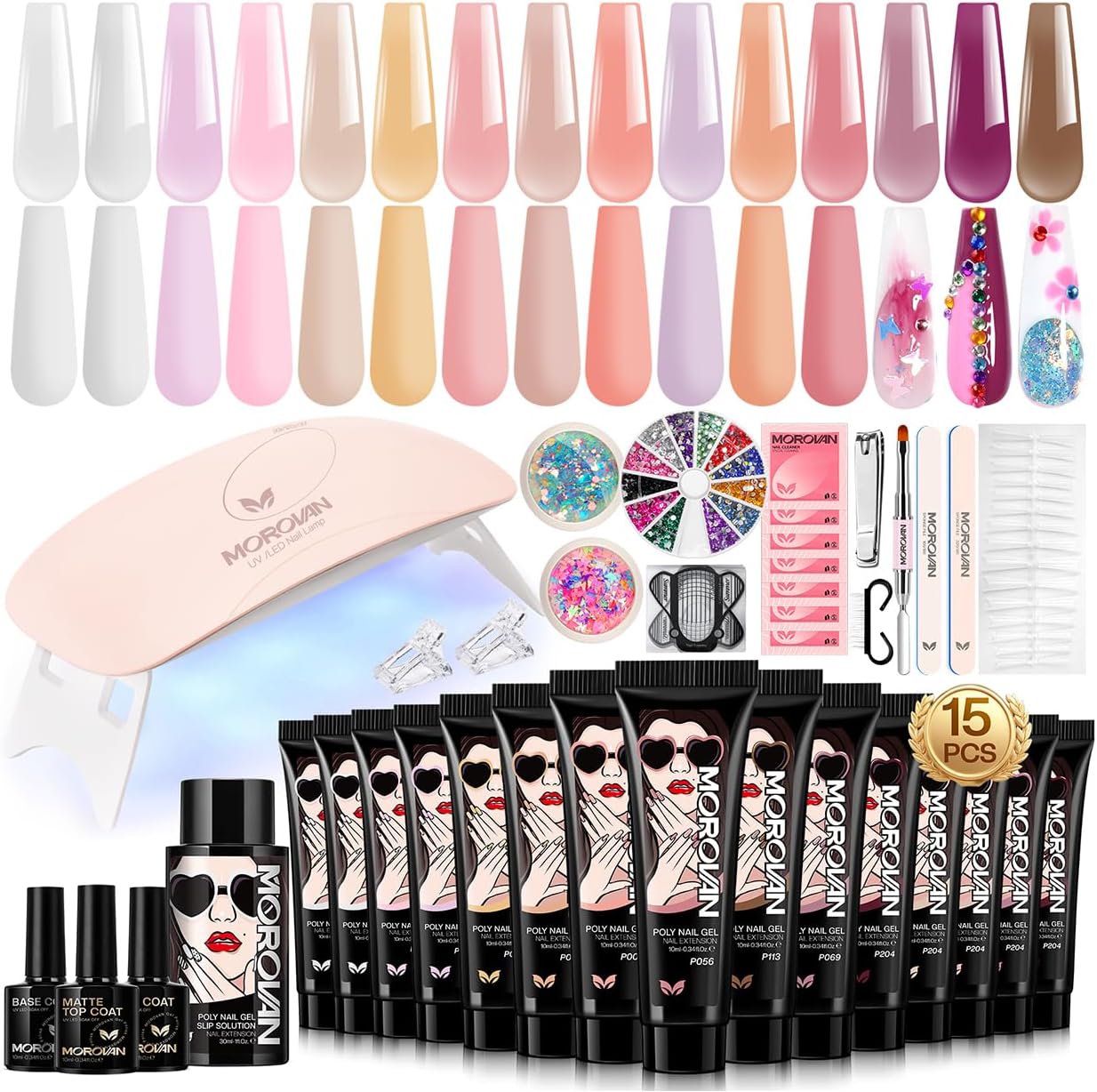 Morovan 15 color poly gel nail kit with UV lamp front view