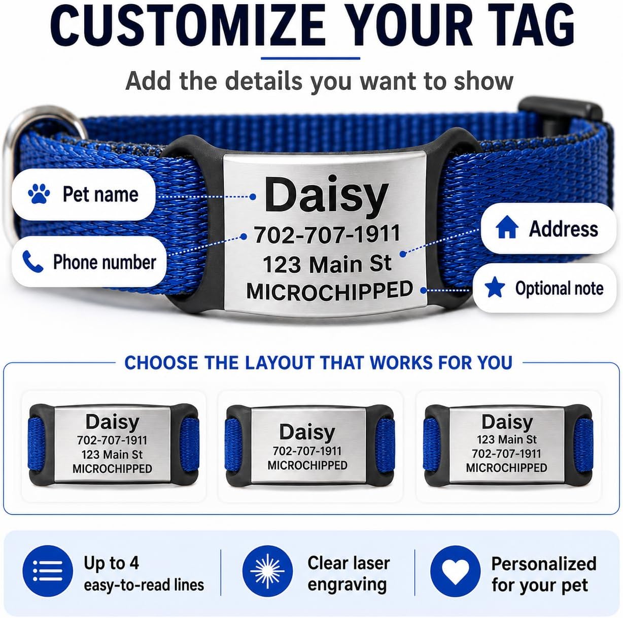 Laser engraved custom puppy identification tag closeup