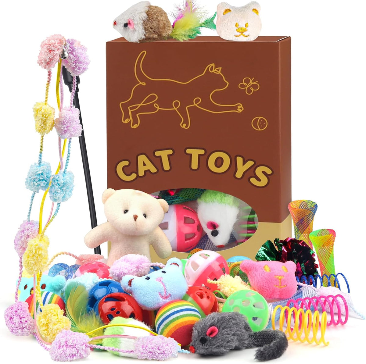 QUOZUO 30 piece interactive cat toy set packaged in its original presentation gift box front view