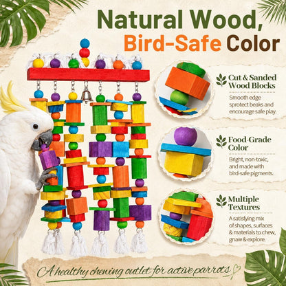 Zephyriel heavy duty parrot chewing toy with colorful natural wood blocks
