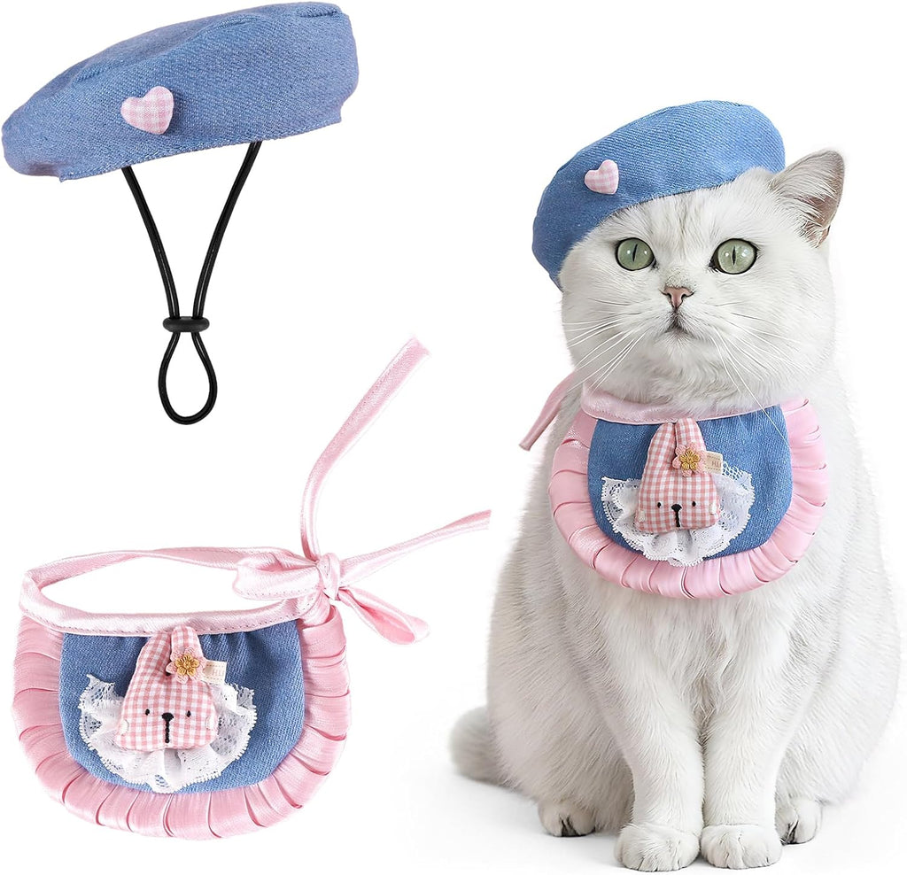 HOWWFALY 2PCS Cat Beret Hat with Small Camellia, Adjustable Satin Bowtie Bandana Scarf Set Pet Princess Costume for Halloween Christmas, Cat Dog Birthday Party Apparel (Pink Bow) - Image 10
