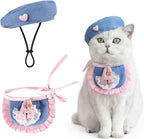 HOWWFALY 2PCS Cat Beret Hat with Small Camellia, Adjustable Satin Bowtie Bandana Scarf Set Pet Princess Costume for Halloween Christmas, Cat Dog Birthday Party Apparel (Pink Bow) - Image 10