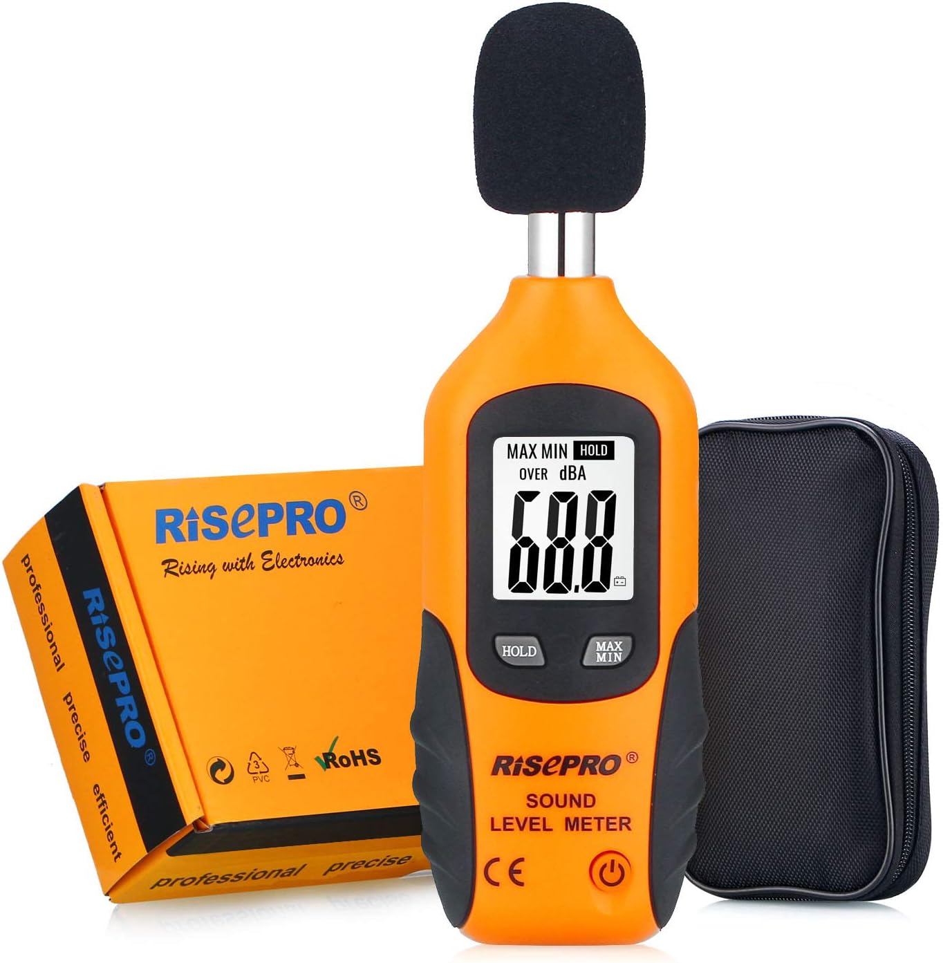 RISEPRO digital sound level meter front view showing the backlit LCD screen and decibel readings.