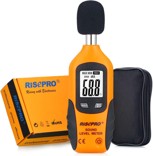 RISEPRO digital sound level meter front view showing the backlit LCD screen and decibel readings.
