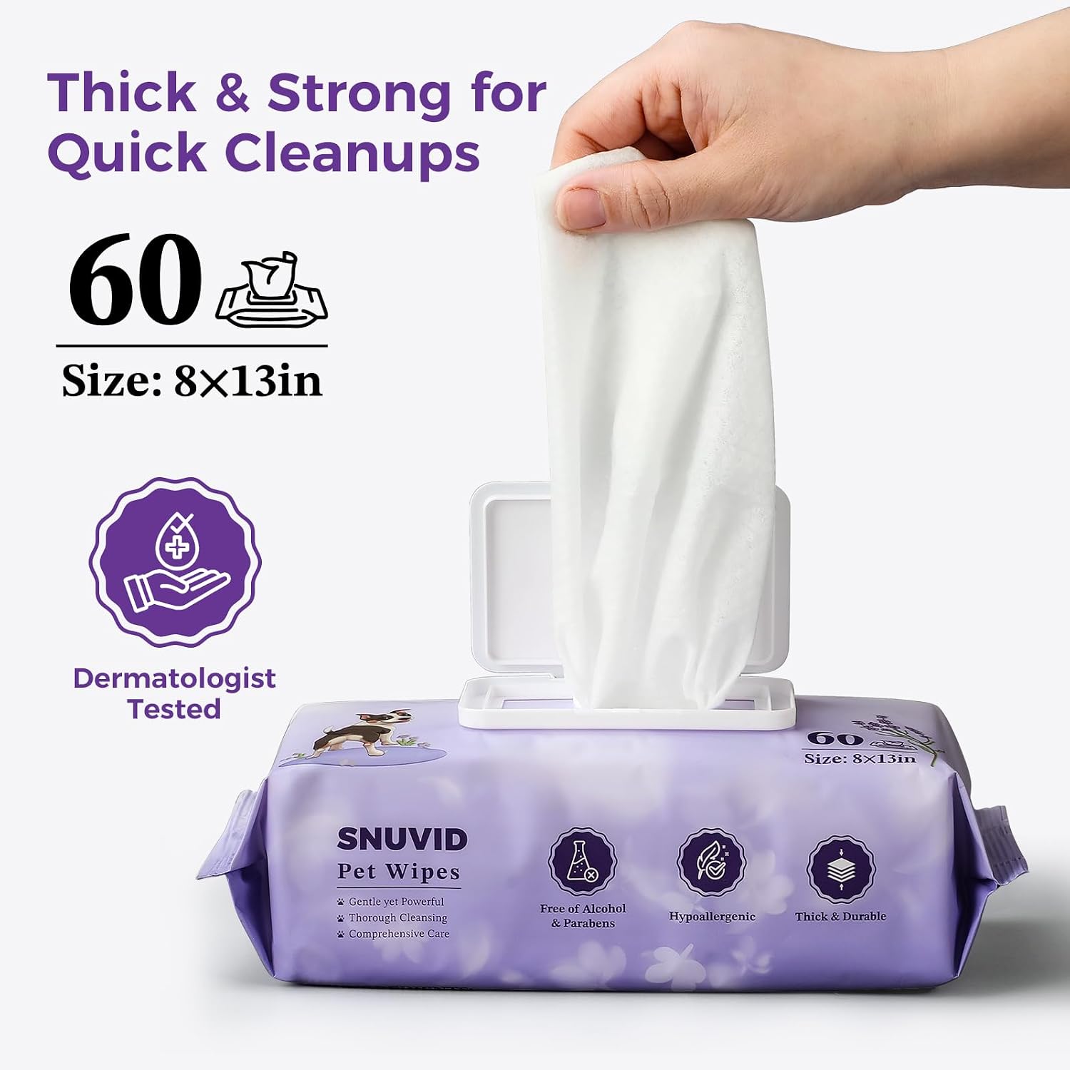 Oversized 8 by 13 inch plant based pet grooming wipes dimensions