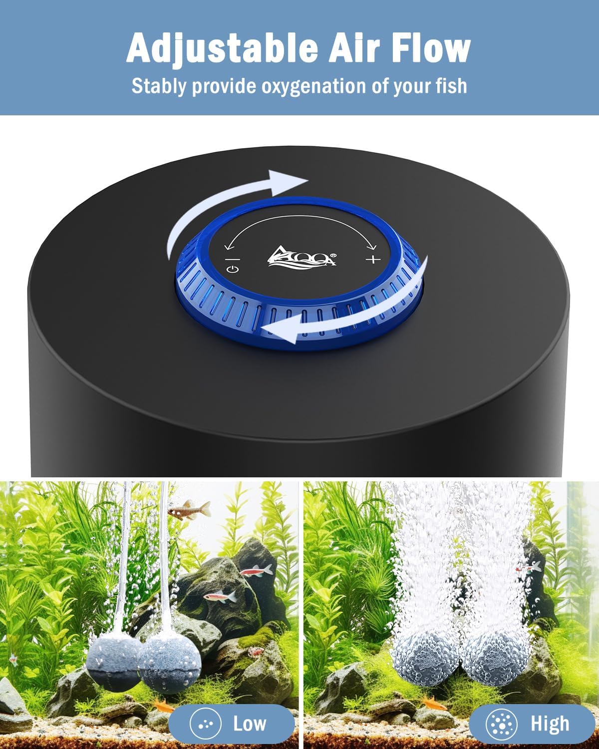 AQQA Aquarium Air Pump, Quiet Powerful Fish Tank Air Pump 3W/6W/10W with Stainless Steel Dual Outlet, Adjustable Oxygen Aerator Pump with Air Stone Bubbler for Fish Tank Up to 200 Gallon 3W (Tubby) - Image 2
