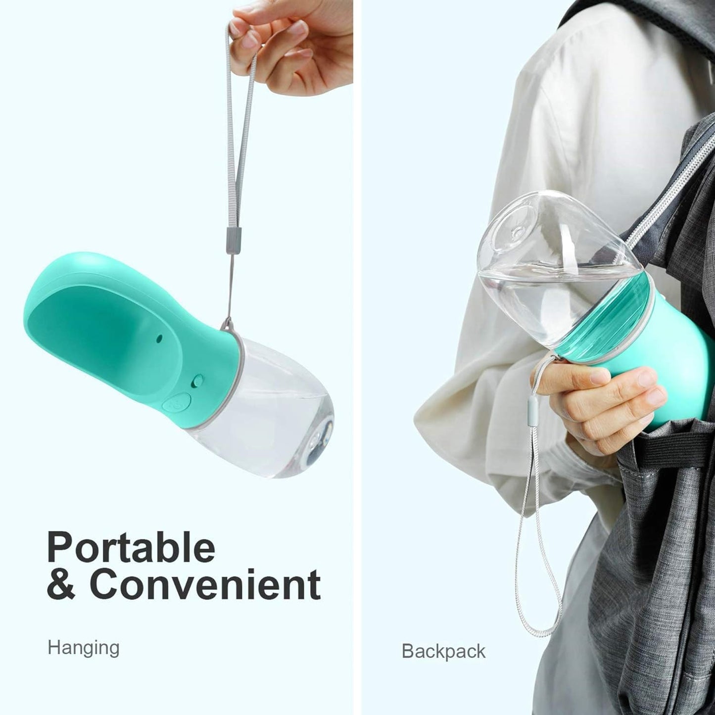 DEYACE twelve ounce pet water container being held with the included wrist lanyard strap.