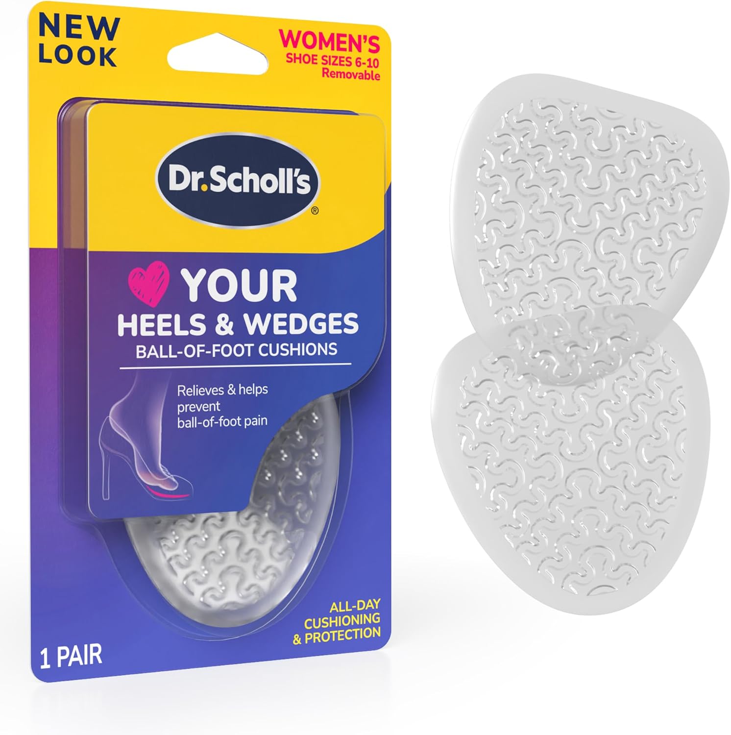 Dr. Scholl's Ball of Foot Cushions front view showing clear gel texture for pain relief.