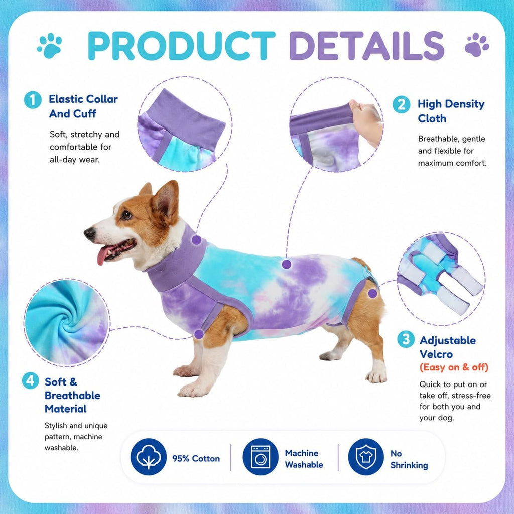 Side view of dog wearing Torjoy recovery suit after surgery