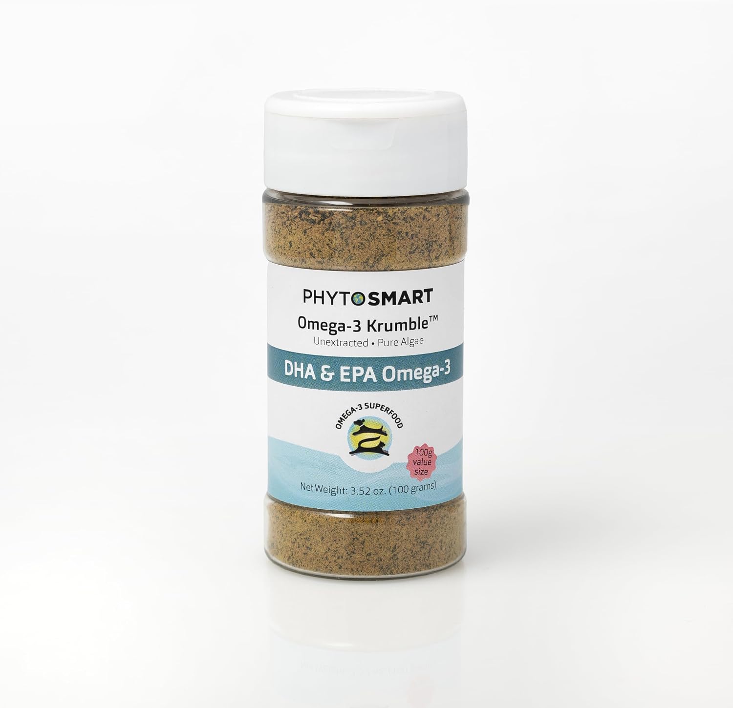PhytoSmart Omega 3 Krumble EPA and DHA for Pets 100 grams shaker top front view