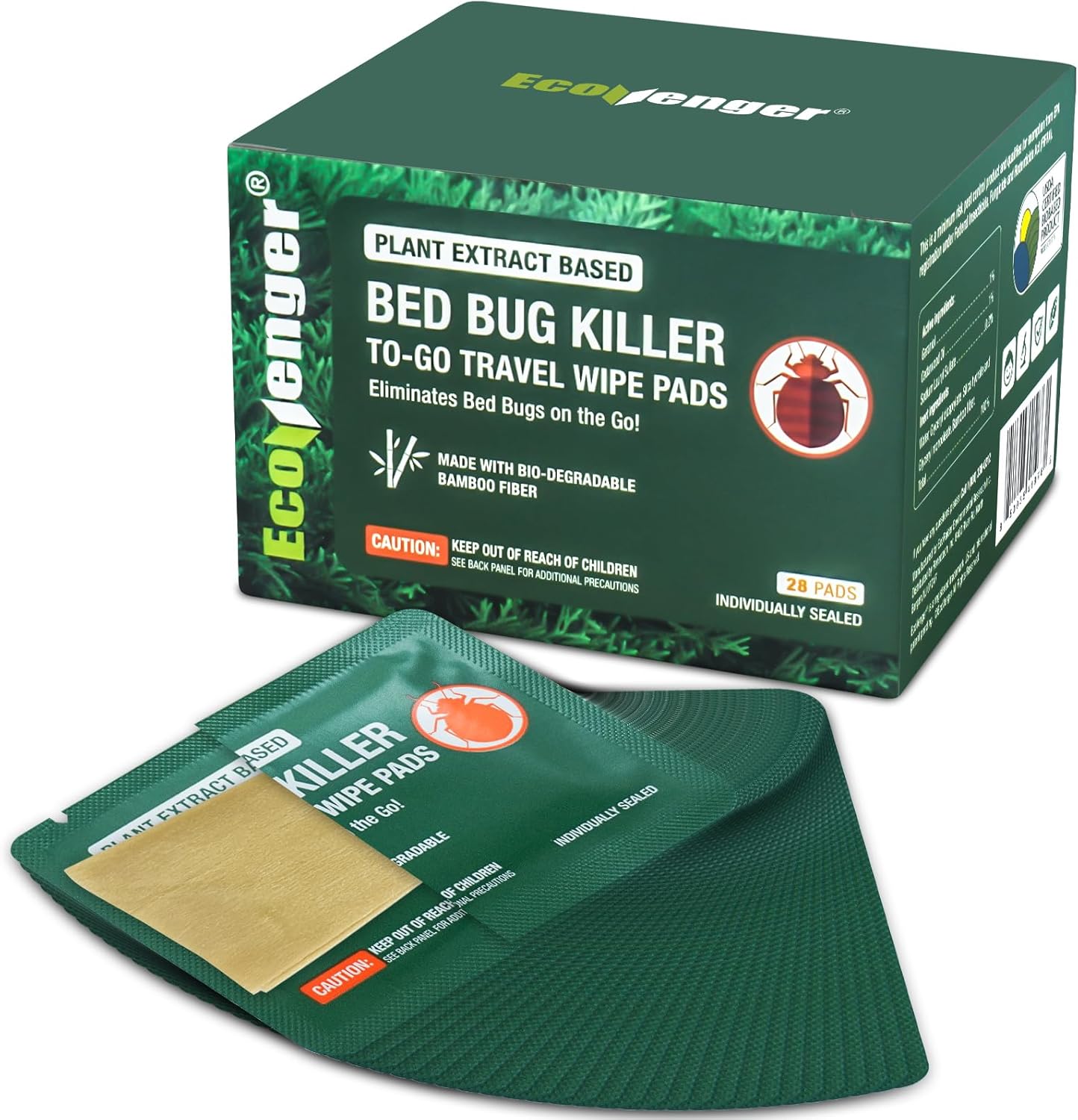 EcoVenger Bed Bug Killer To Go Wipes 28 pack front view travel pest protection