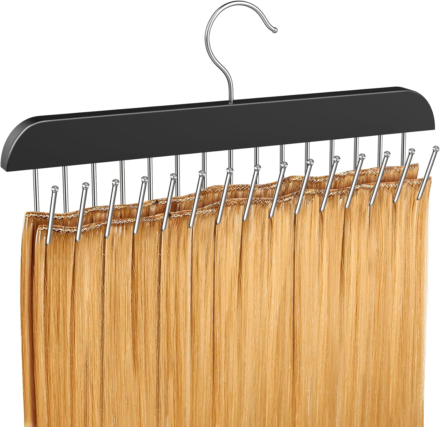 RESOVO hair extension holder front view with fifteen black hooks