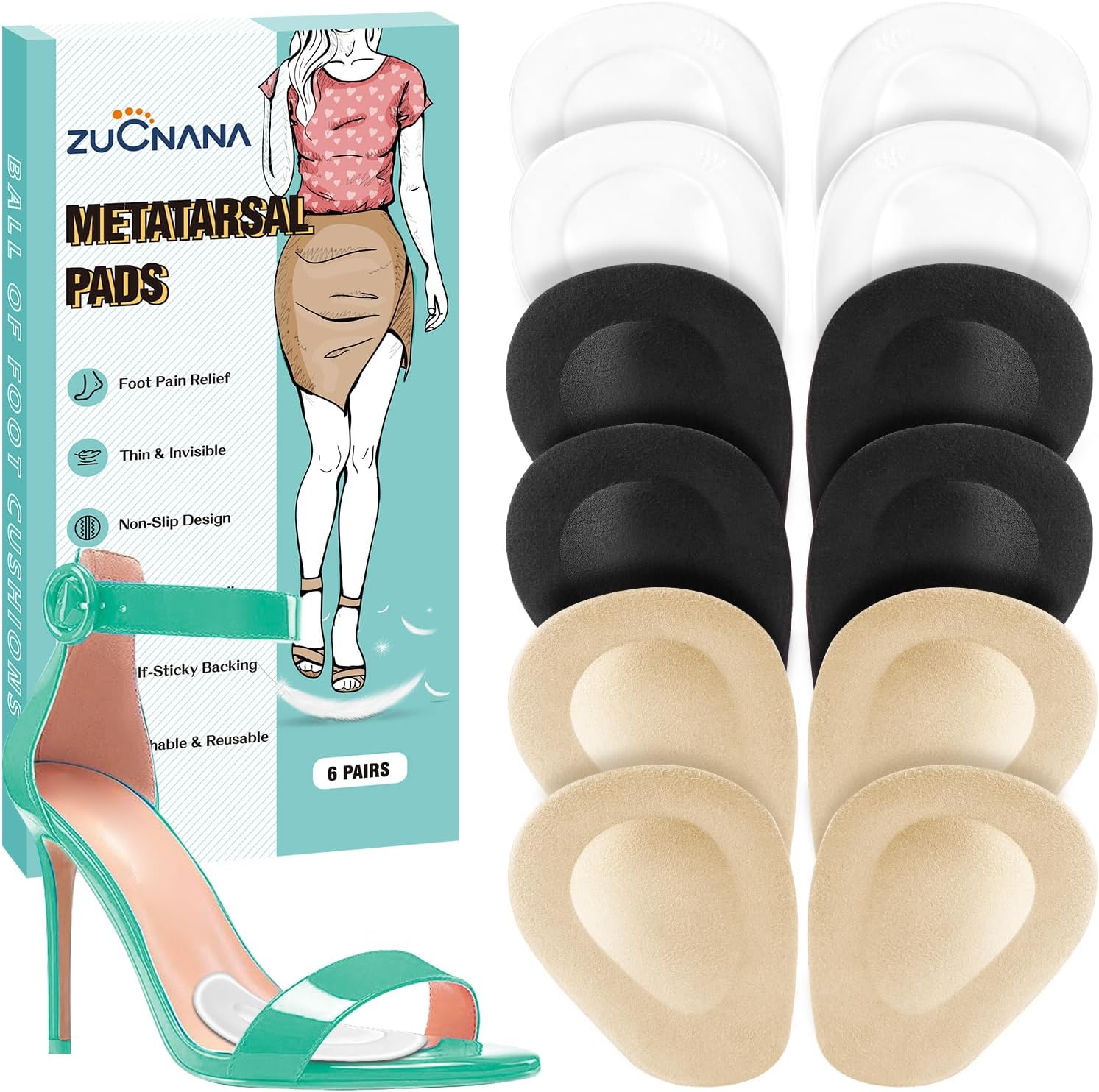 ZUCNANA Metatarsal Pads front view of 12 piece set in beige black and clear