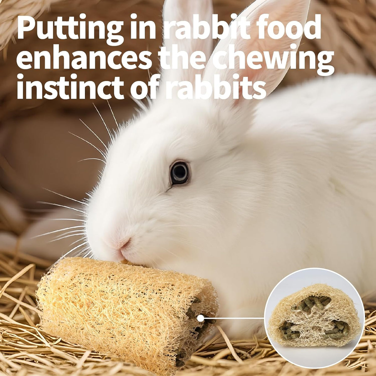Natural loofah toy filled with Timothy hay for small animal enrichment