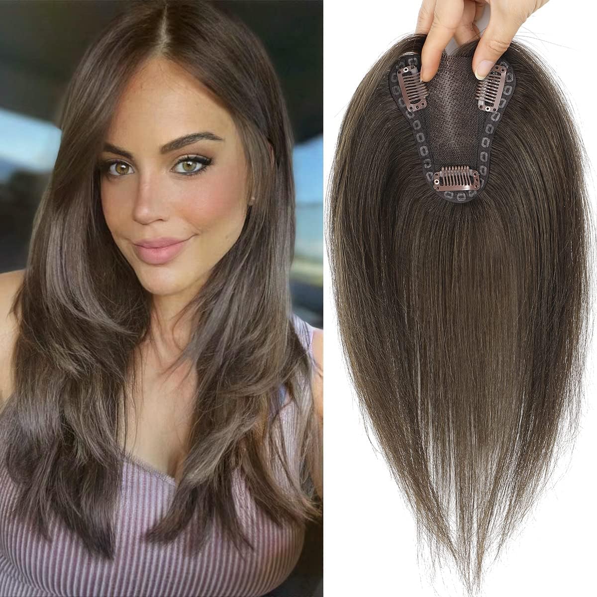 Aimeolyn real human hair topper for women front view featuring medium brown shade 6.