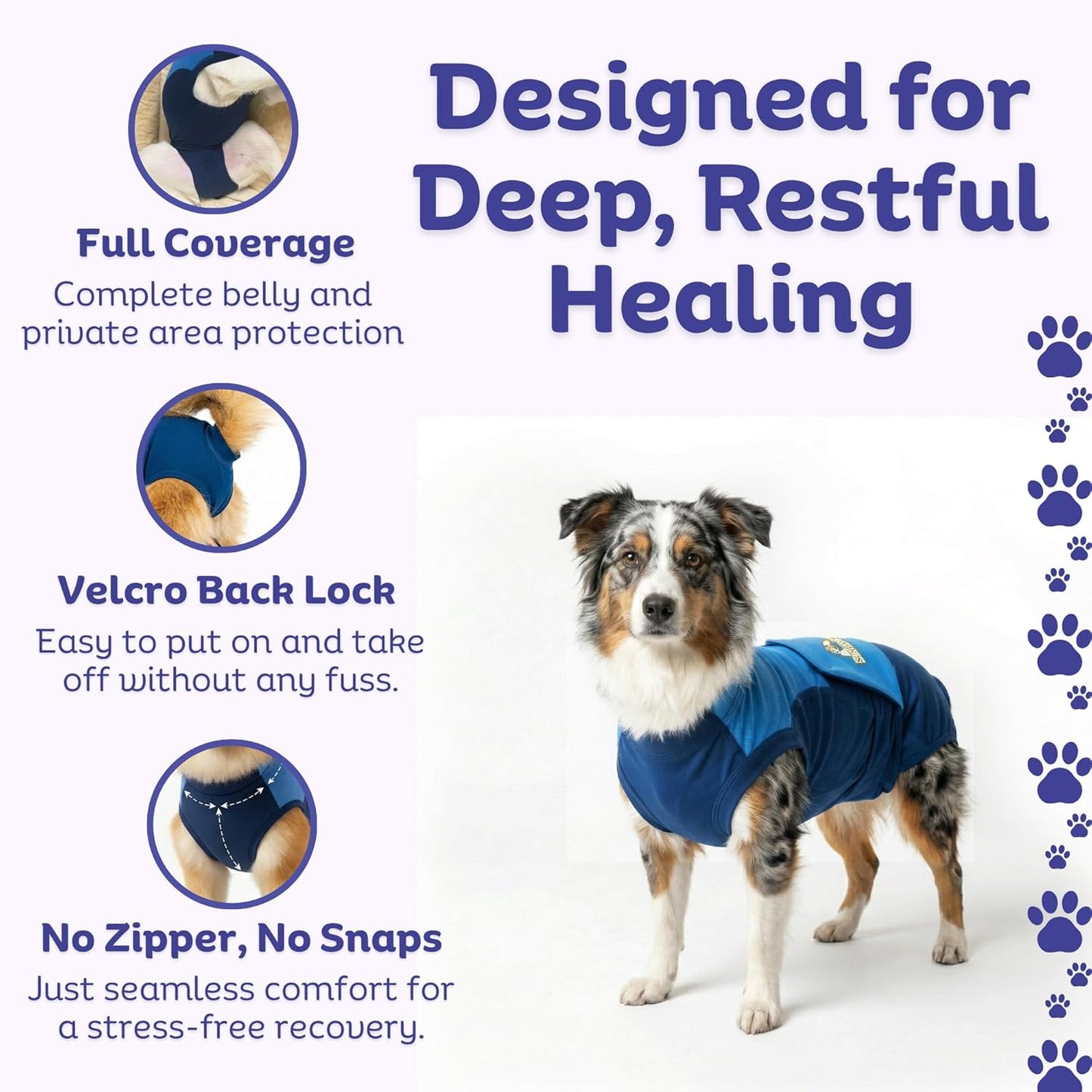 Surgi Snuggly post surgery canine suit detailing the adjustable potty break panel
