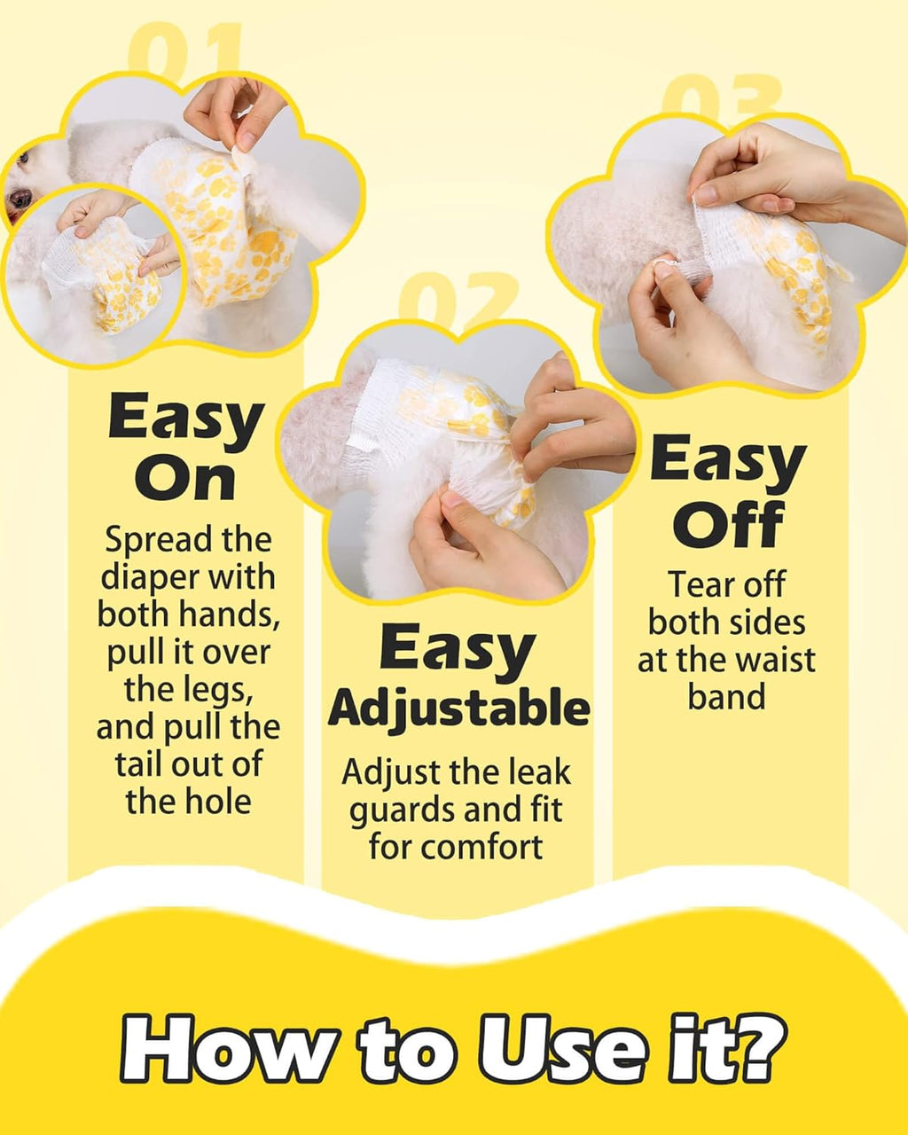Demonstration of the tear away sides feature on the disposable pull up pet garment