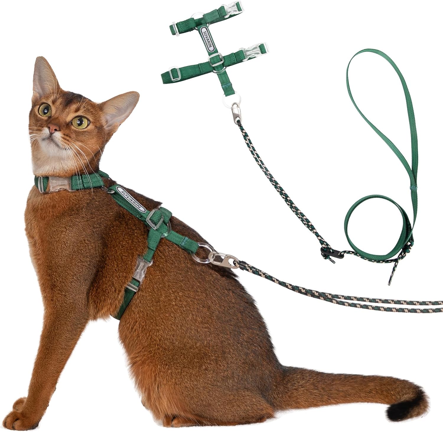 Sovarin cat harness and leash set green front view escape proof vest