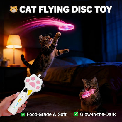 Rechargeable kitten hunting toy launcher firing a glowing disc up to twenty meters