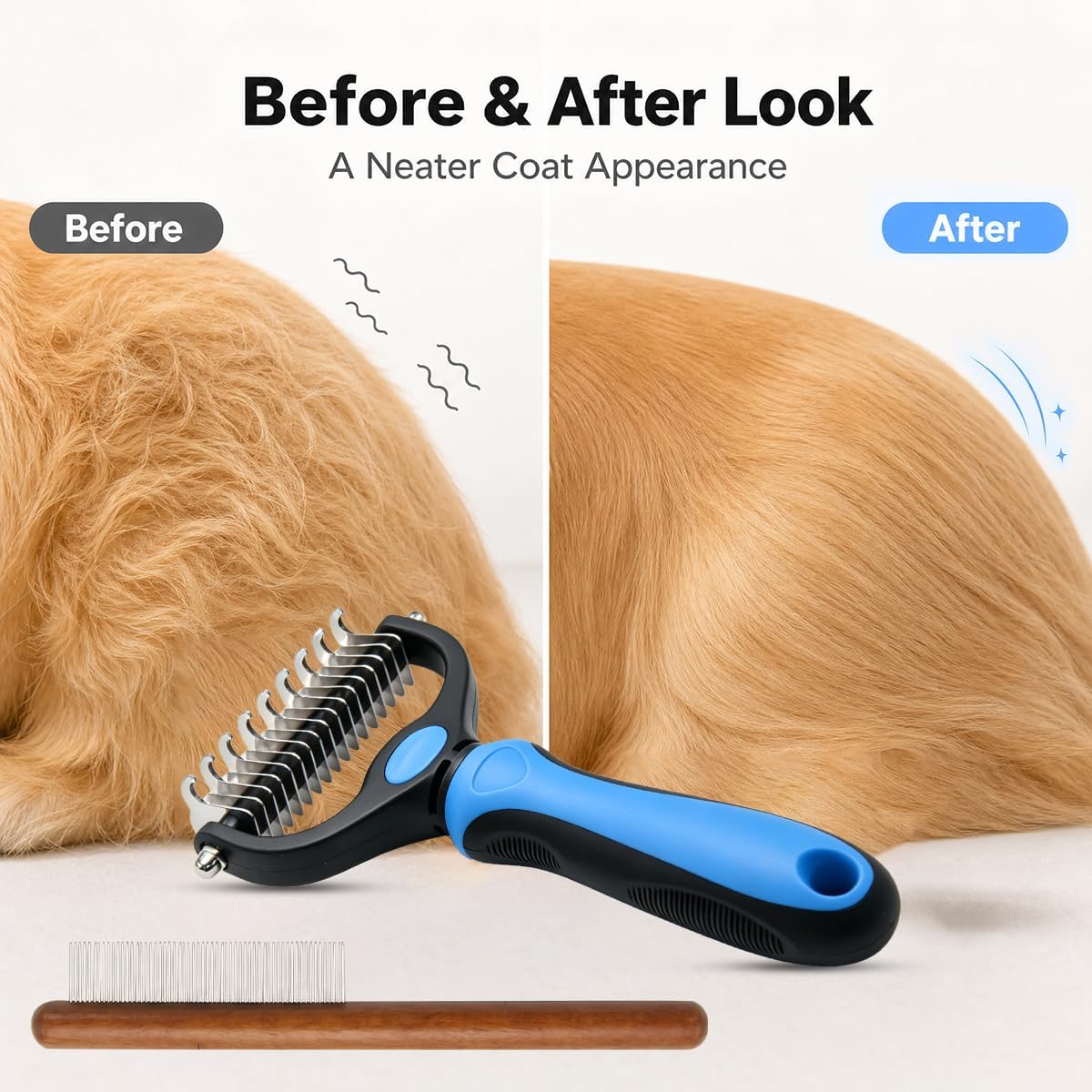 Close up of stainless steel blades on Pet Pro grooming rake