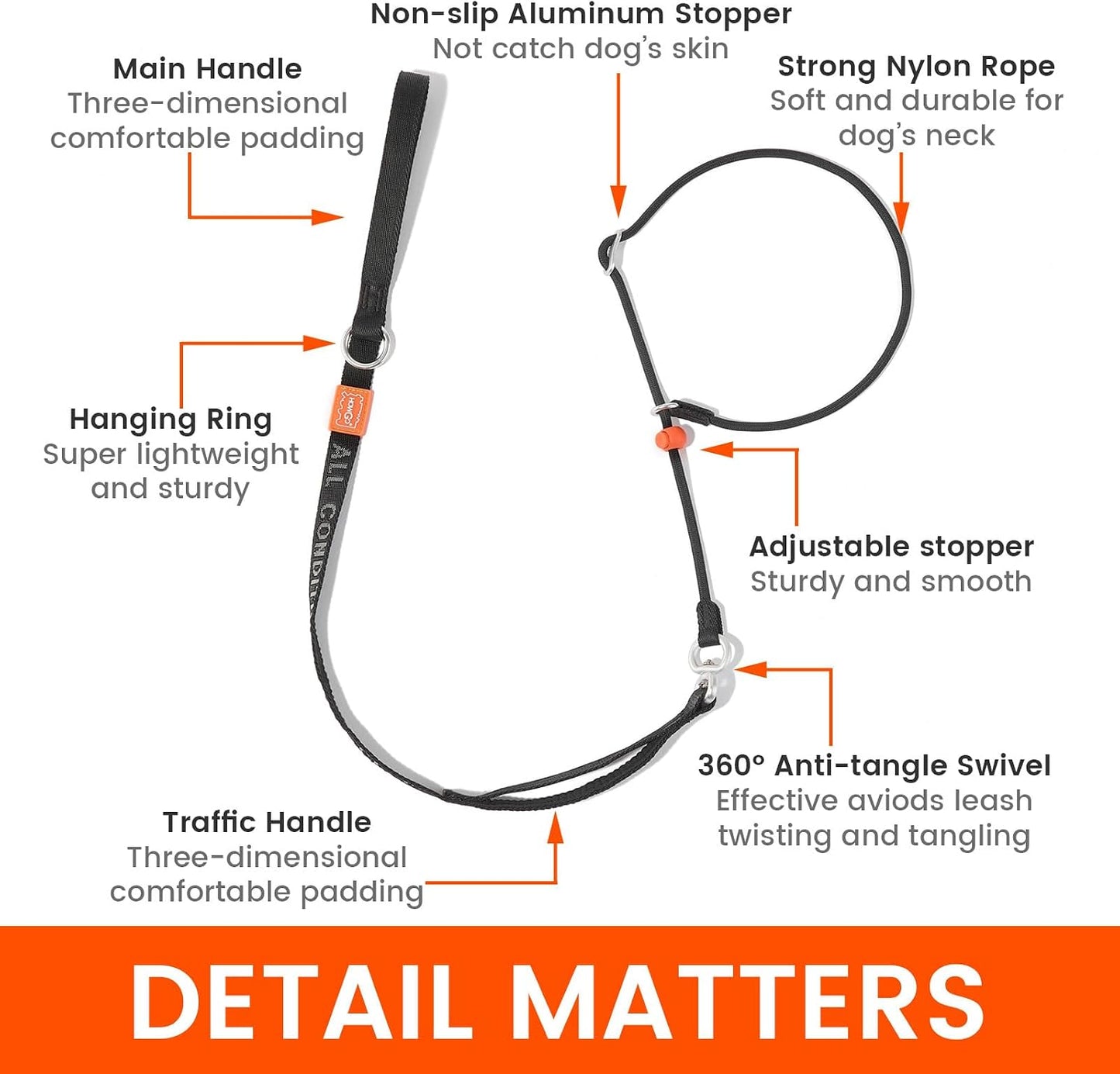 HowGo 5.5FT black dog leash demonstrating the no pull training loop setup.