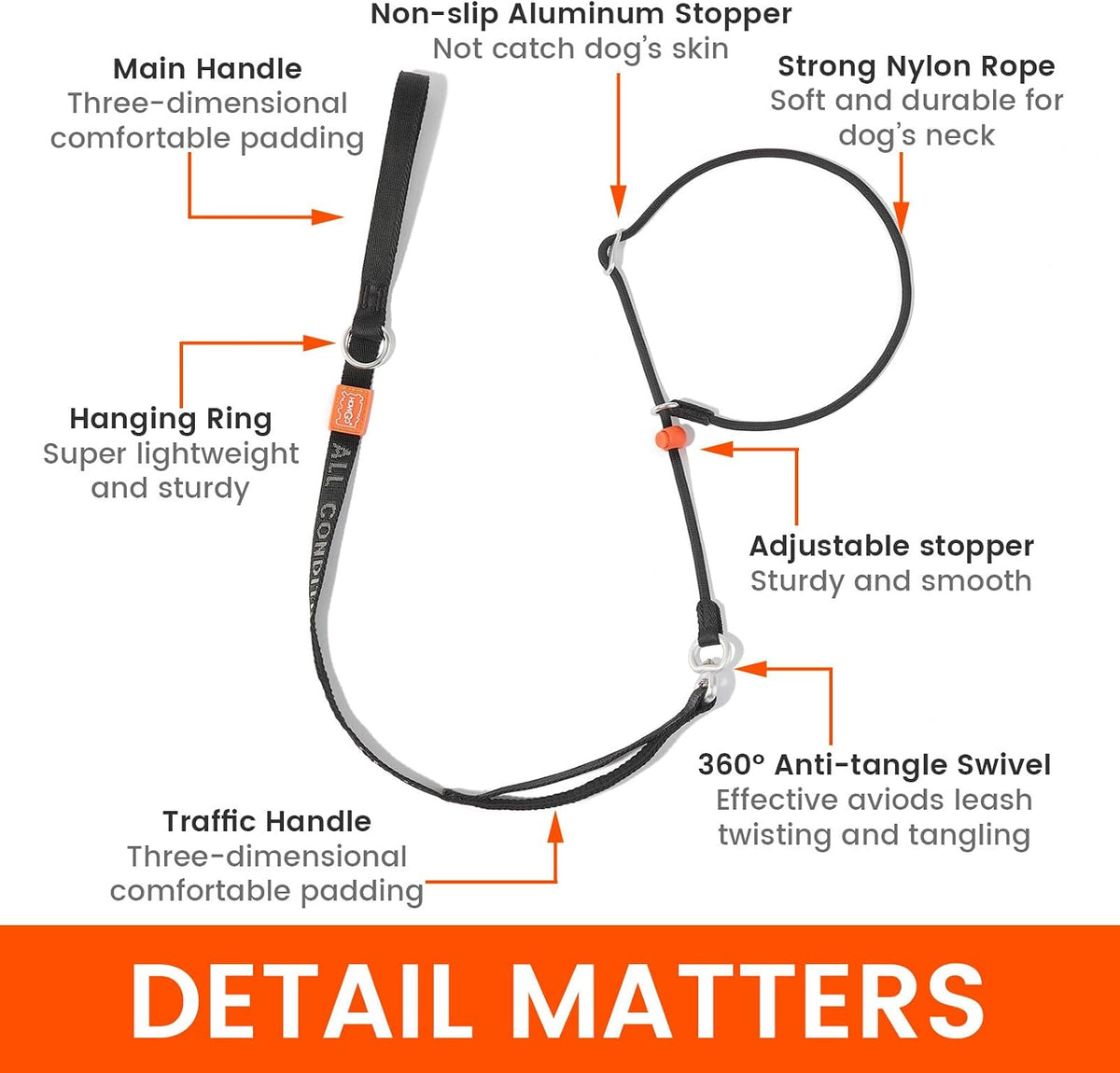 HowGo 5.5FT black dog leash demonstrating the no pull training loop setup.