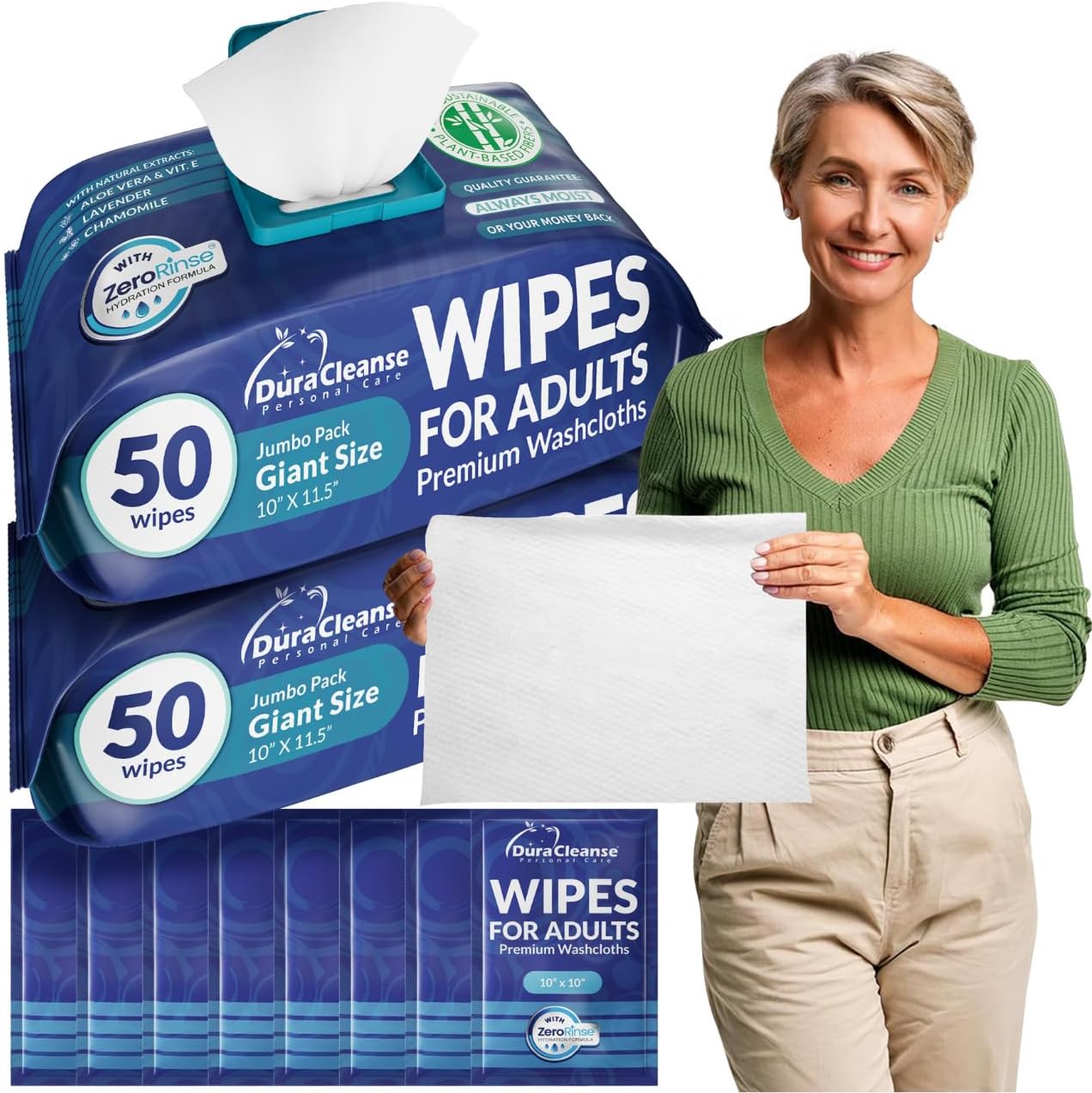 Dura Cleanse extra large adult bath wipes pack front view for waterless senior bathing.