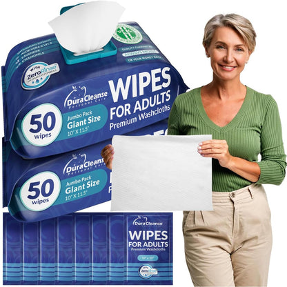 Dura Cleanse extra large adult bath wipes pack front view for waterless senior bathing.