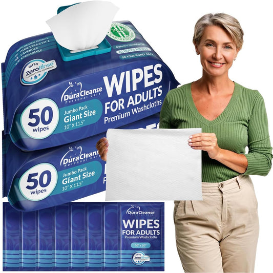 Dura Cleanse extra large adult bath wipes pack front view for waterless senior bathing.