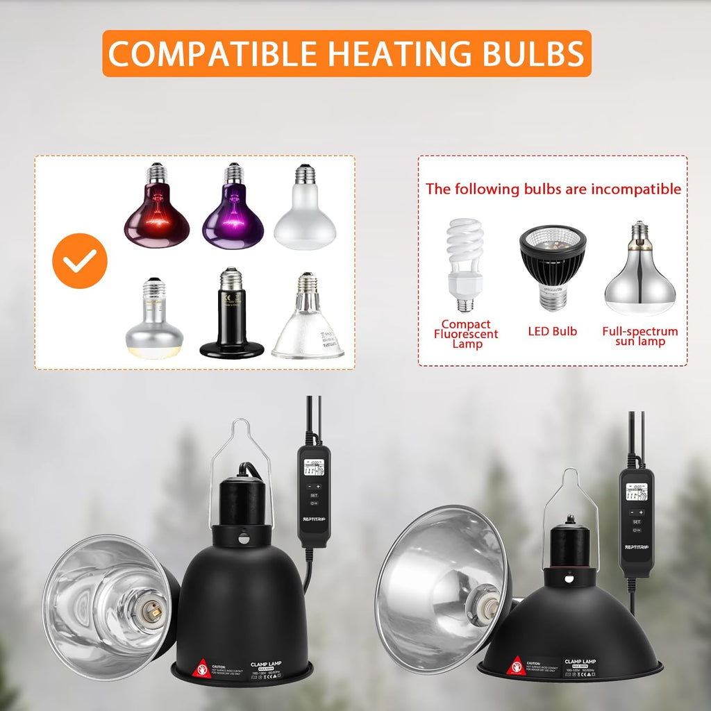 Reptitrip 150W reptile dome lamp with integrated LCD screen interface.