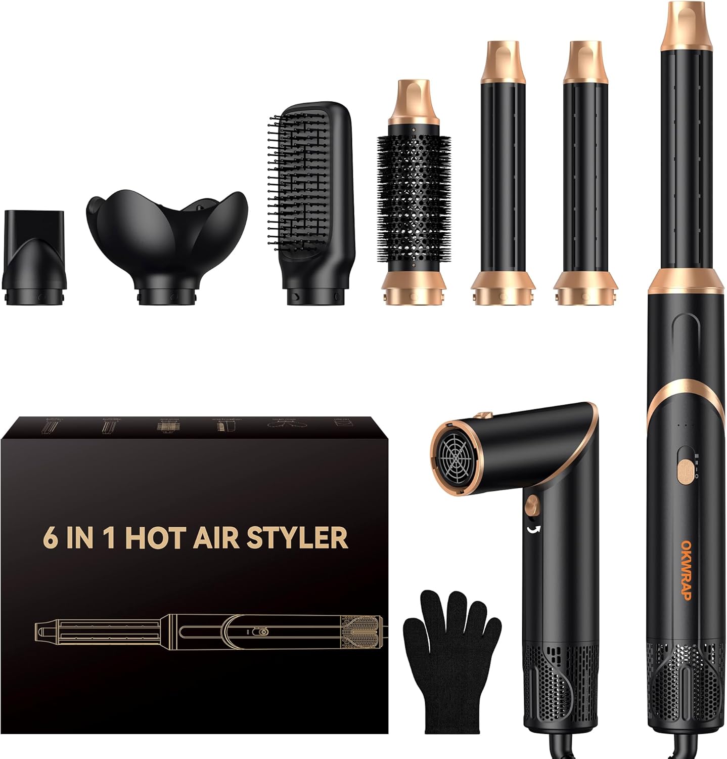 Trylater 6 in 1 foldable hair dryer brush front view with all six styling attachments displayed