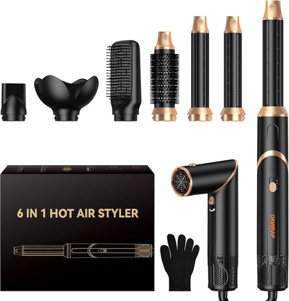 Trylater 6 in 1 foldable hair dryer brush front view with all six styling attachments displayed