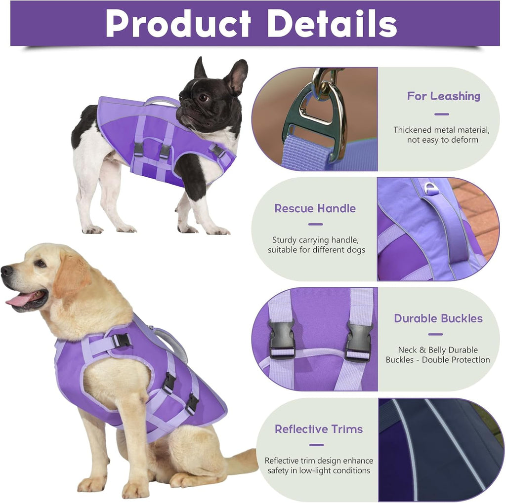 Purple pet safety vest showcasing reflective strips for high visibility