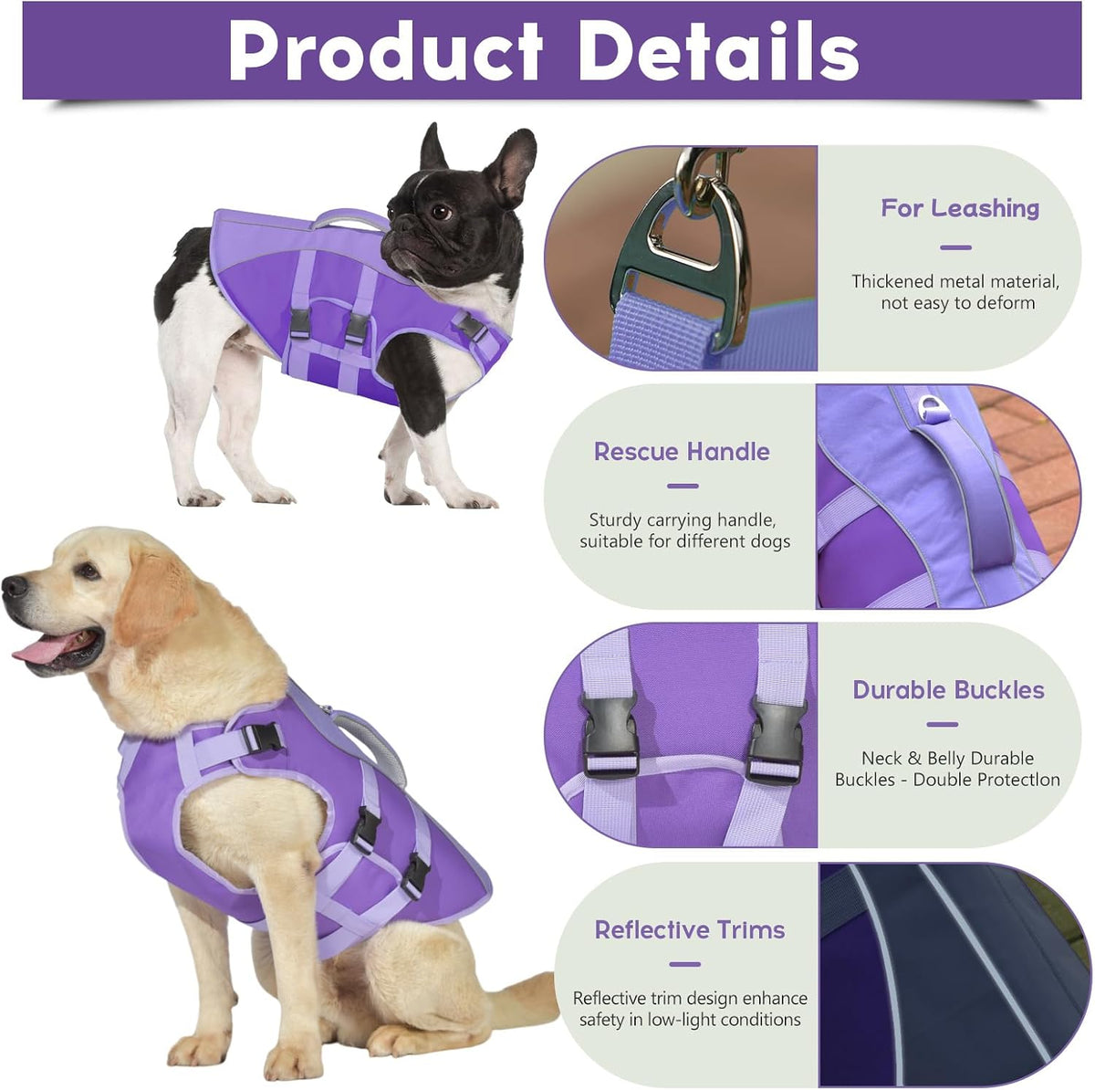 Purple pet safety vest showcasing reflective strips for high visibility