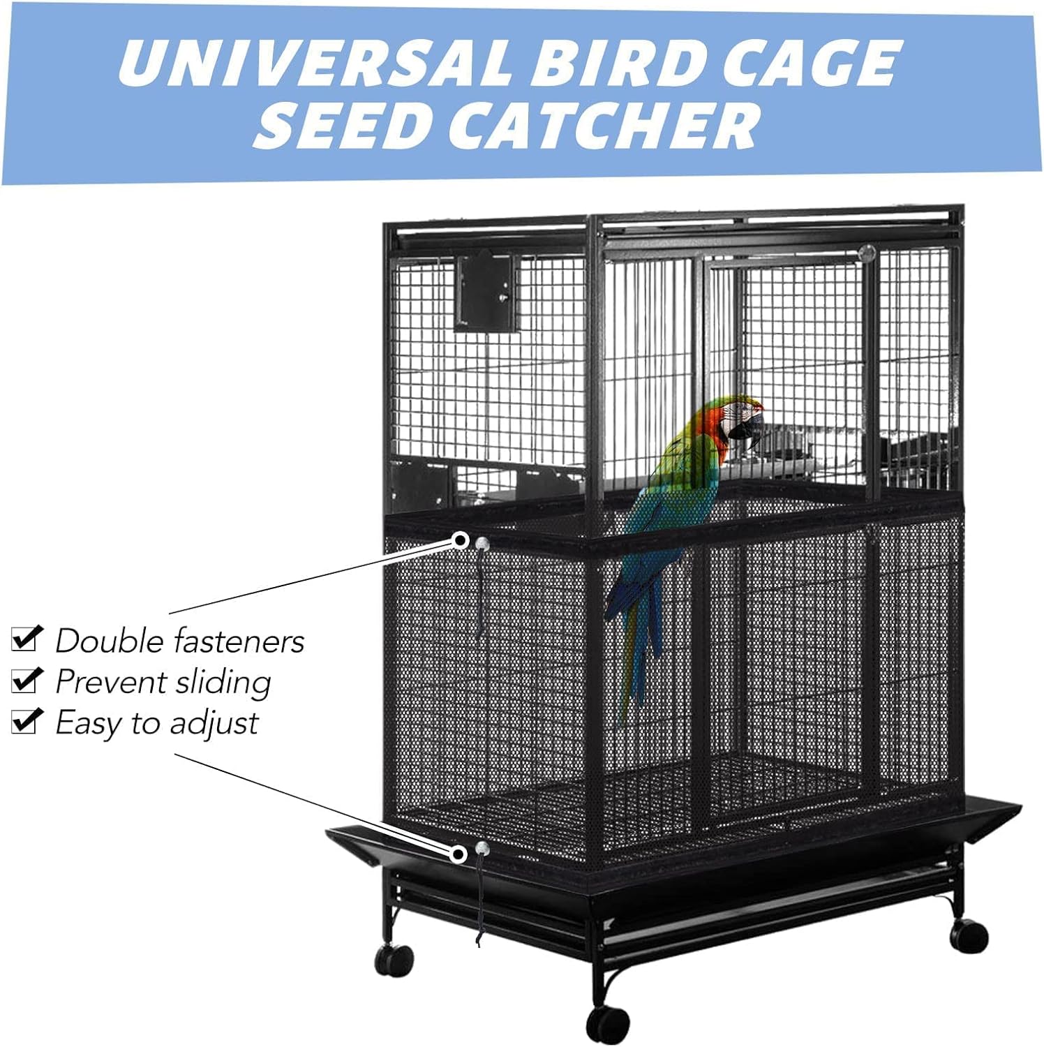 KFPPLXQ mesh bird catcher net fitted around a large round parakeet cage showing light penetration.