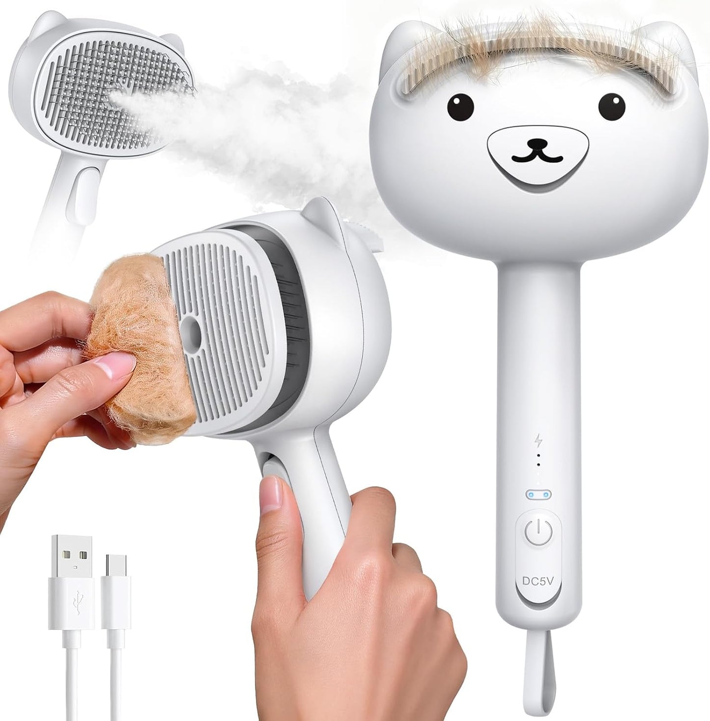 Primecat self cleaning shedding steam cat brush in white bear shape front view showing the mist nozzle.