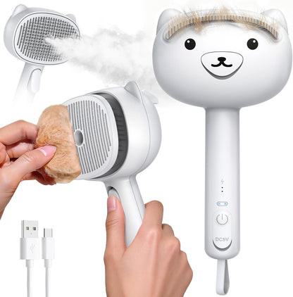 Primecat self cleaning shedding steam cat brush in white bear shape front view showing the mist nozzle.