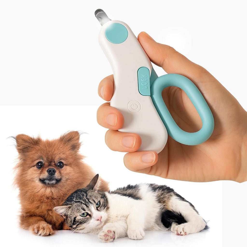 GadgetPawsUSA LED pet nail clipper front view showing the ergonomic white and green handle.